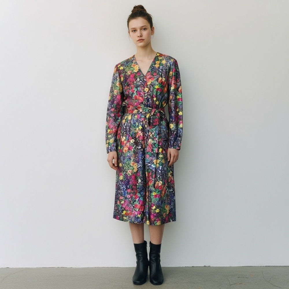 Vintage 1960s Womens Dress Sz S Vibrant Colorful Floral Vneck Belted Boho Hippie